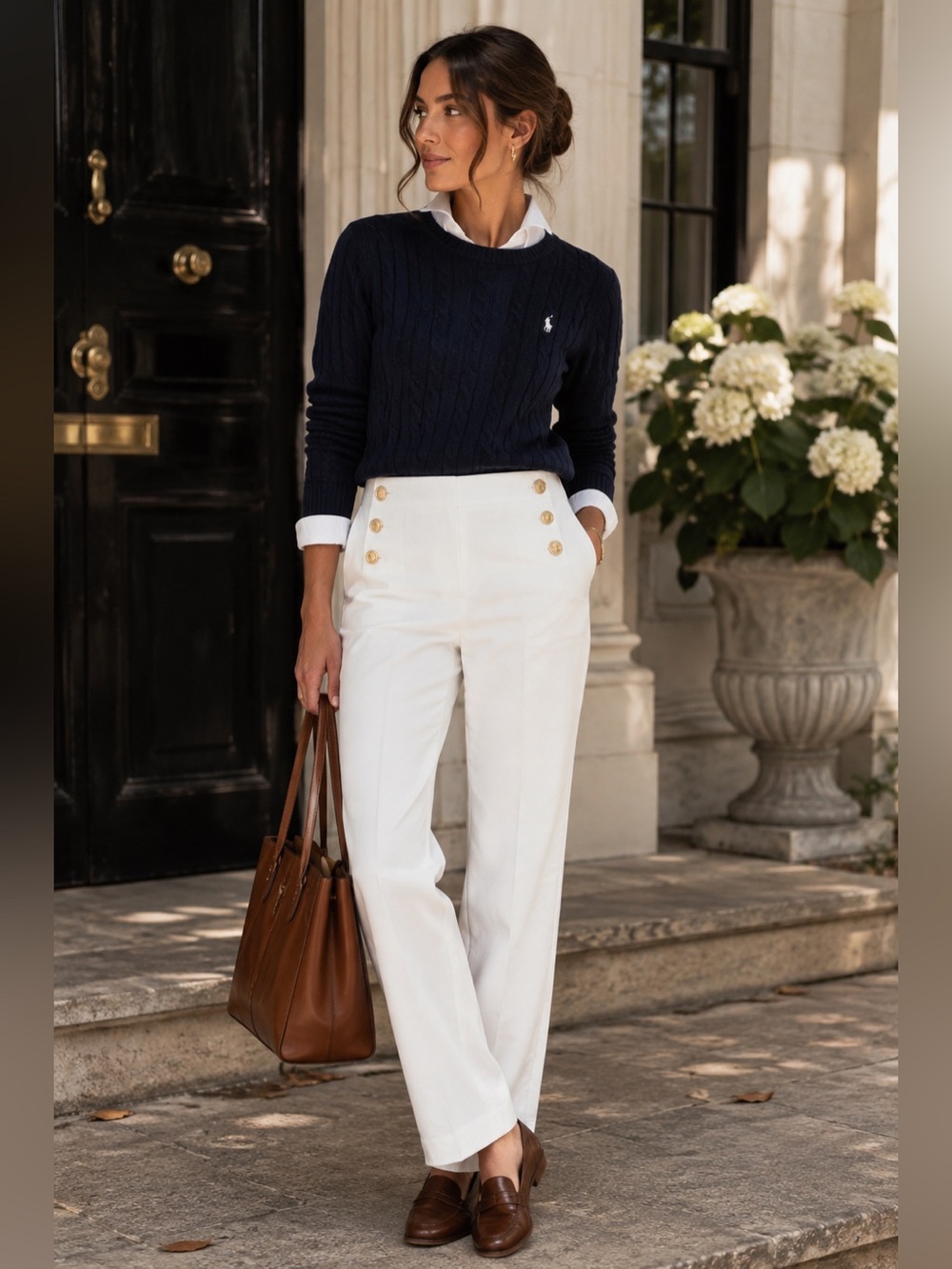 Zara White High Rise Sailor Pants Gold Button Nautical Straight Leg Size S